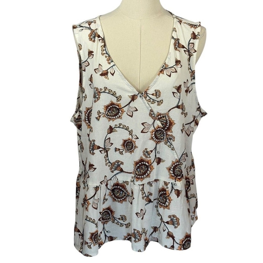 A New Approach 100% Cotton White, Brown, & Blue Floral Faux Wrap Tank Top (XL)